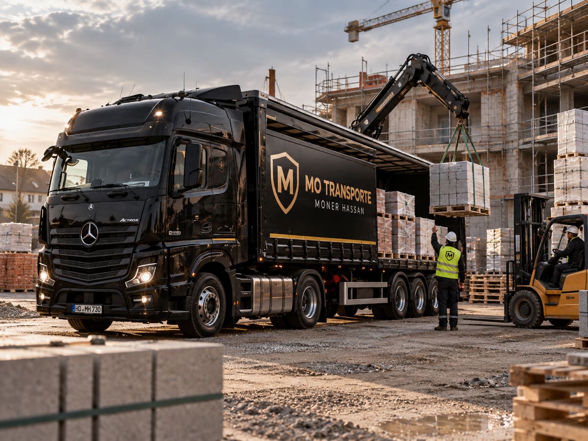 MO-Transporte-LKW mit Ladekran liefert Baustoffe auf eine Baustelle