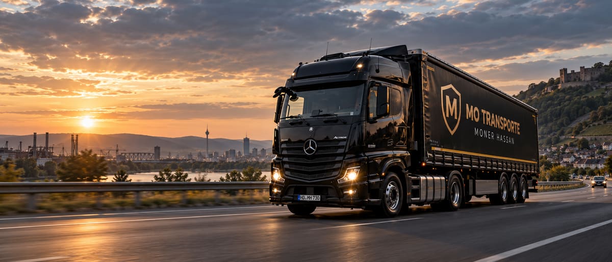 Schwarzer MO-Transporte-Sattelzug auf der Autobahn bei Sonnenuntergang
