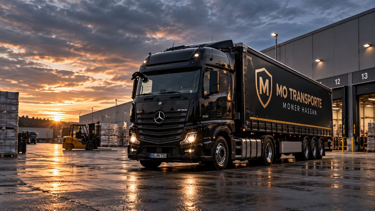 MO-Transporte-Sattelzug an der Laderampe eines Logistikzentrums in der Abenddämmerung