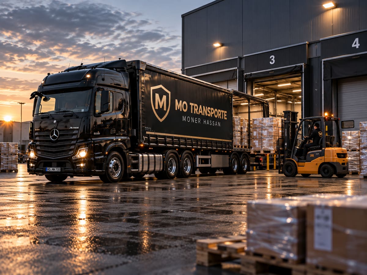 Gabelstapler belädt einen MO-Transporte-Sattelzug mit Paletten an der Laderampe